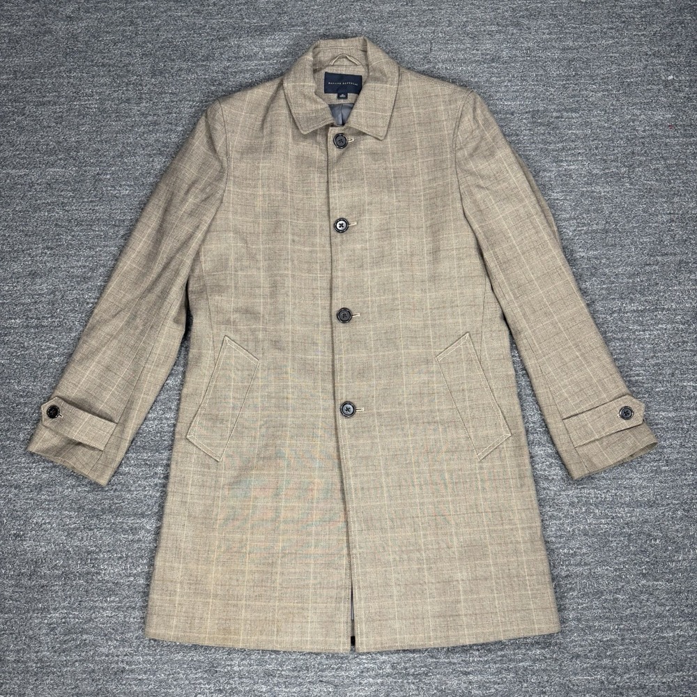 Banana Republic Coat Men Medium Brown Plaid Wool Blend Jacket Trench Classic